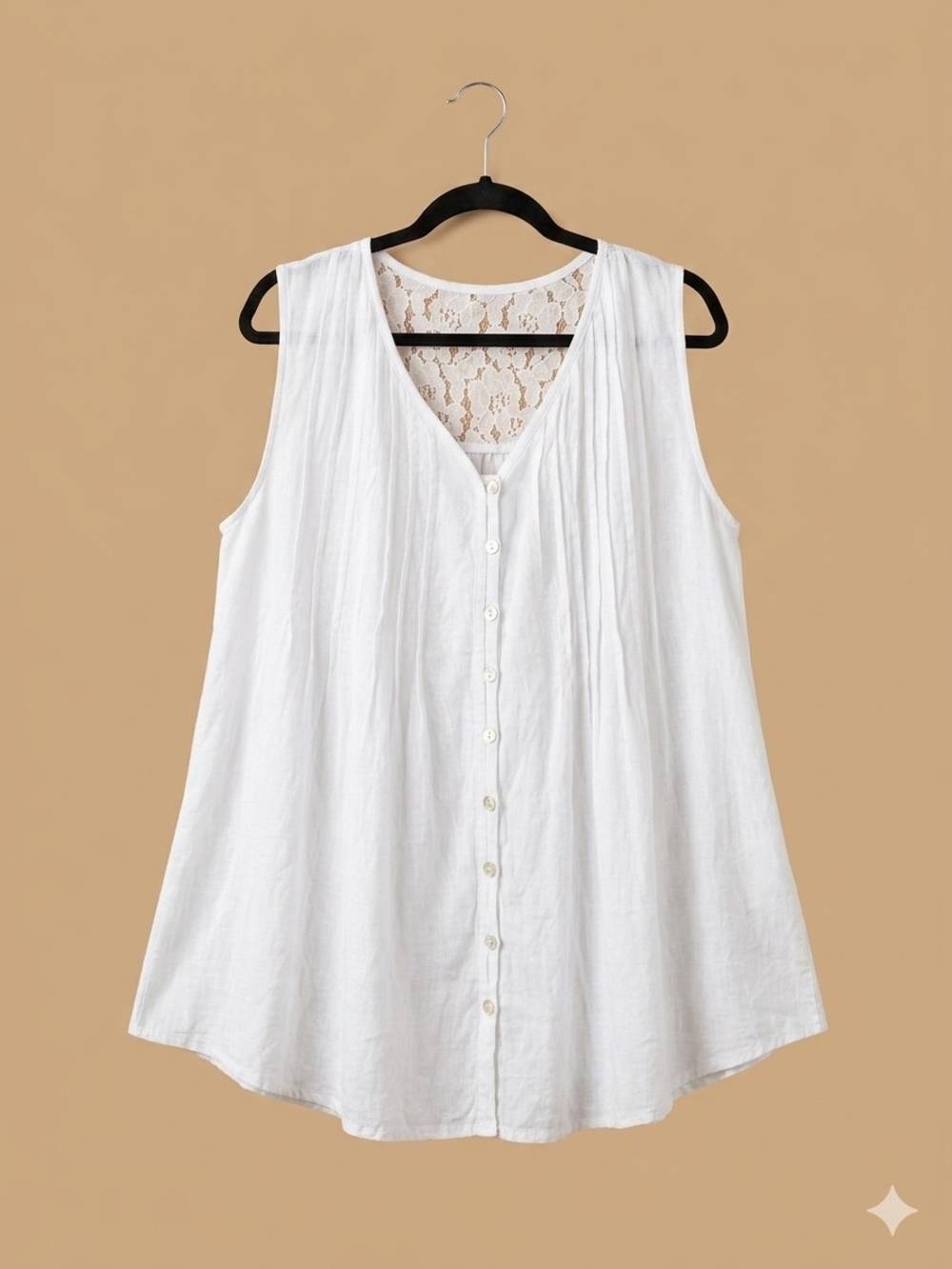 Martina Innocenti White 100% Linen Pleated Crochet Back Tunic Tank Top